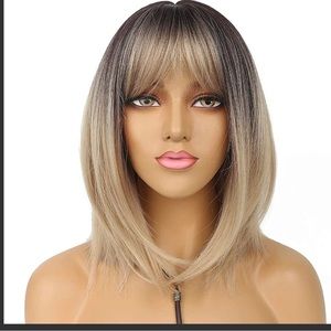 LANCAINI Bob Wigs With Bangs Ombre Blonde Straight Shoulder Length Synthetic Wig